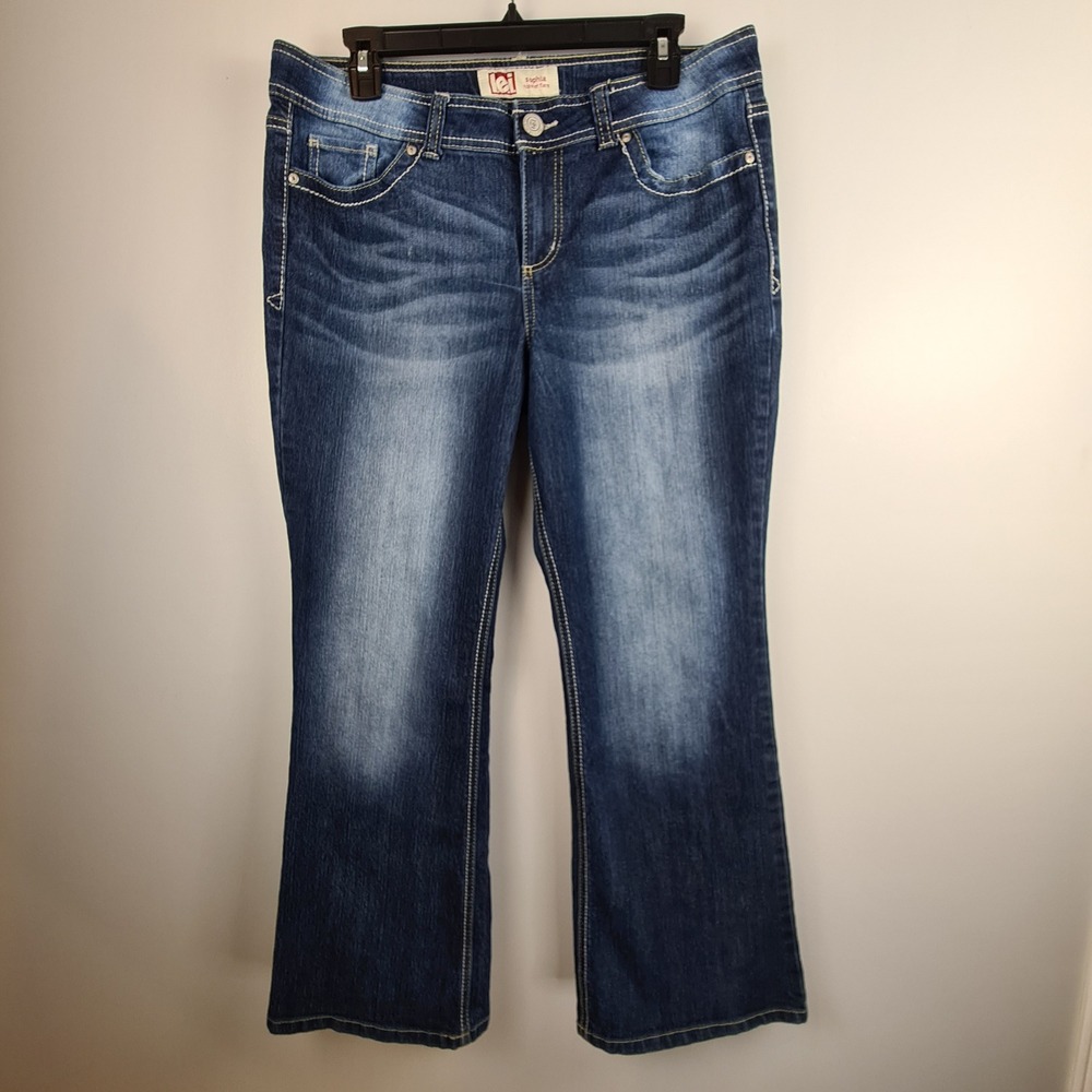 LEI Sophia Hipster Flare Jeans Womens 15 Short Dark Wash Blue Y2K Low Rise Denim